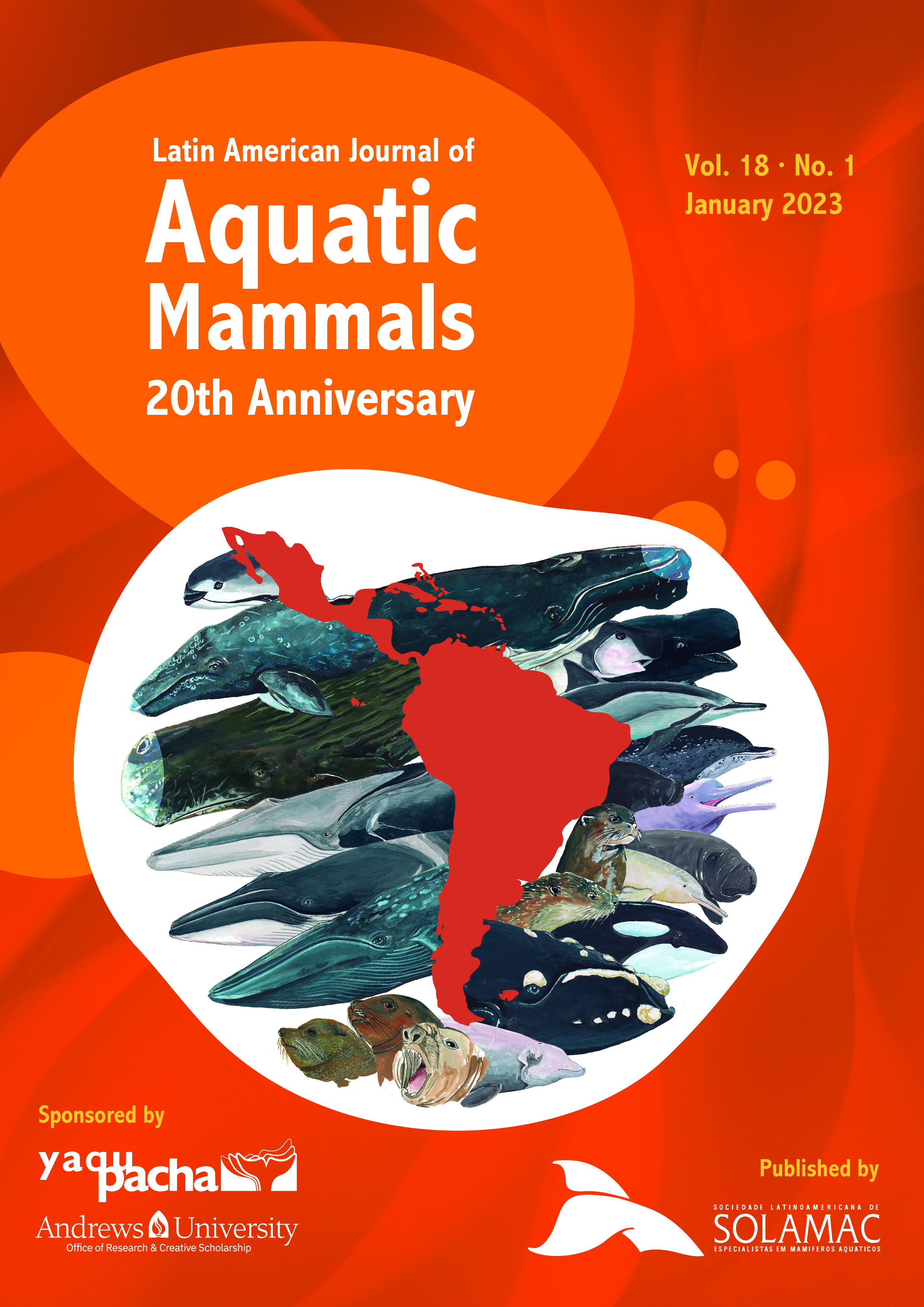 Cover of Vol. 18 No. 1 depicting aquatic mammals of Latin America with a map of the region superimposed. Art by Alexandre Huber